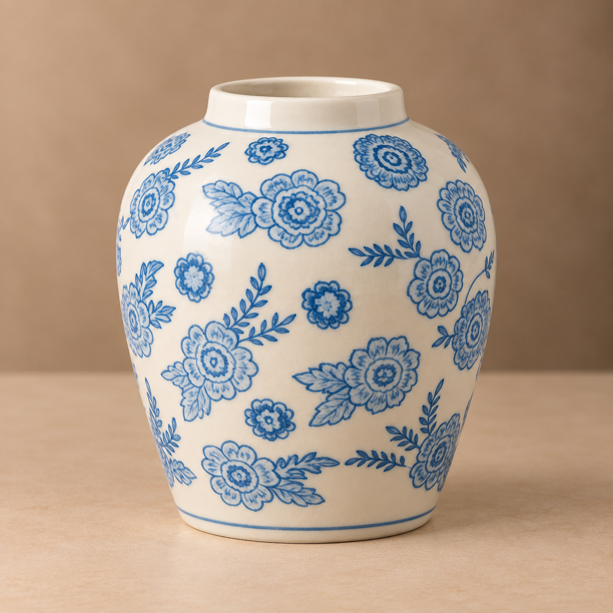 Blue and White Floral Vase – Ovoid Porcelain Ginger Jar with Scattered Cornflower and Leaf Motif - U39