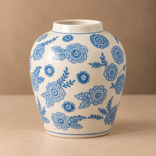 Blue and White Floral Vase – Ovoid Porcelain Ginger Jar with Scattered Cornflower and Leaf Motif - U39
