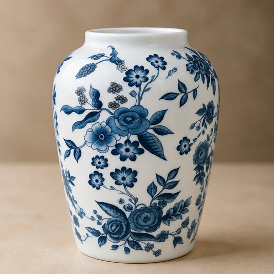 Blue and White Porcelain Vase – Elegant Ovoid Ginger Jar with Cobalt Rose and Gold Accents - U36