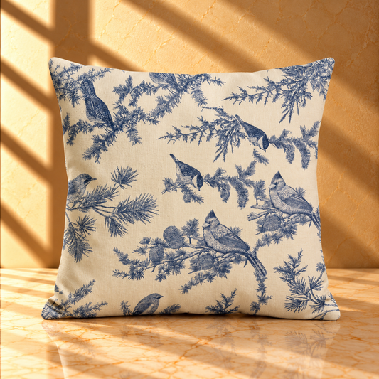 Vintage Bird Toile Cushion Covers – Blue Botanical Toile de Jouy Pillows - CU09