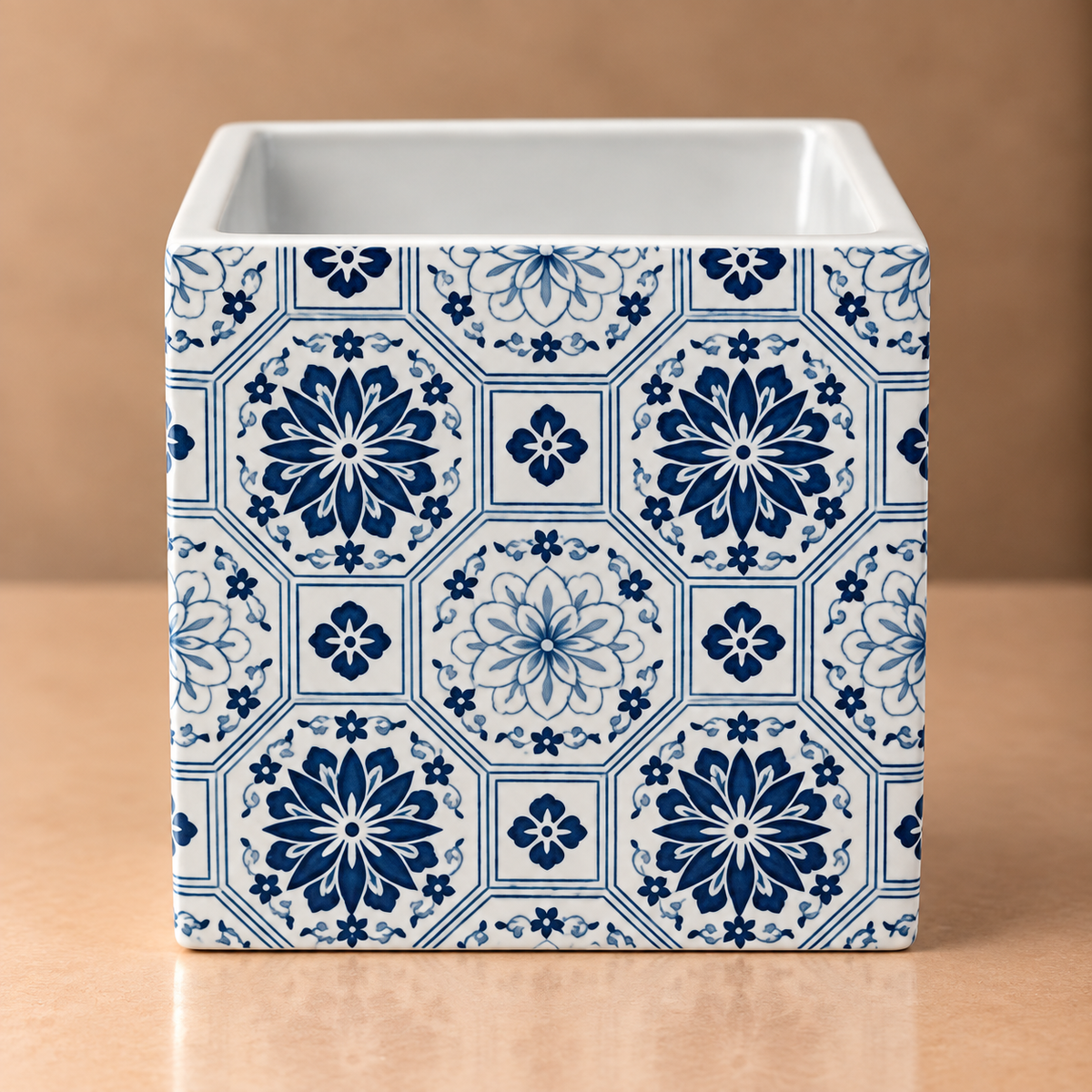 Blue Floral Moroccan Planter – Square Ceramic Talavera Style Pot - CV01