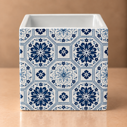 Blue Floral Moroccan Planter – Square Ceramic Talavera Style Pot - CV01