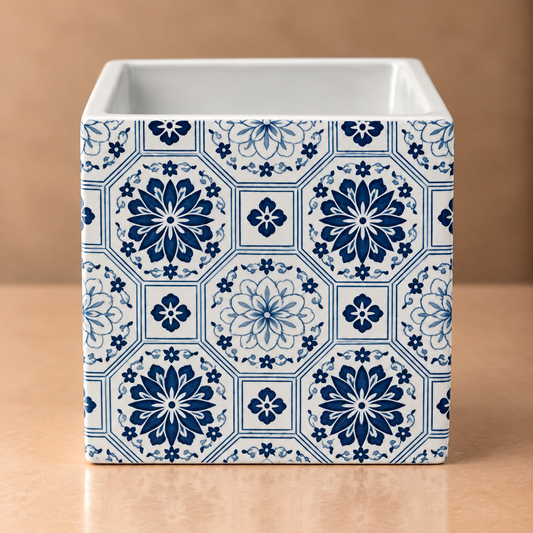 Blue Floral Moroccan Planter – Square Ceramic Talavera Style Pot - CV01