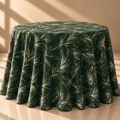 Emerald Green Botanical Leaf Round Tablecloth – Luxury Printed Dining Linen - L09