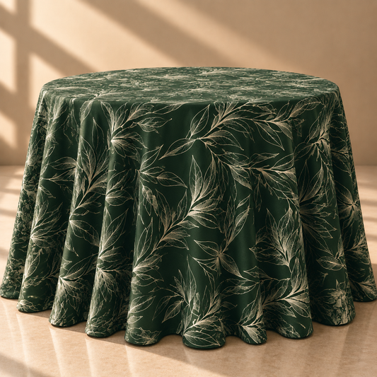 Emerald Green Botanical Leaf Round Tablecloth – Luxury Printed Dining Linen - L09