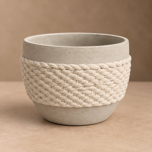 Rope Texture Planter – Coastal Ceramic Pot with Woven Cord Middle and Matte Sand Finish - U29