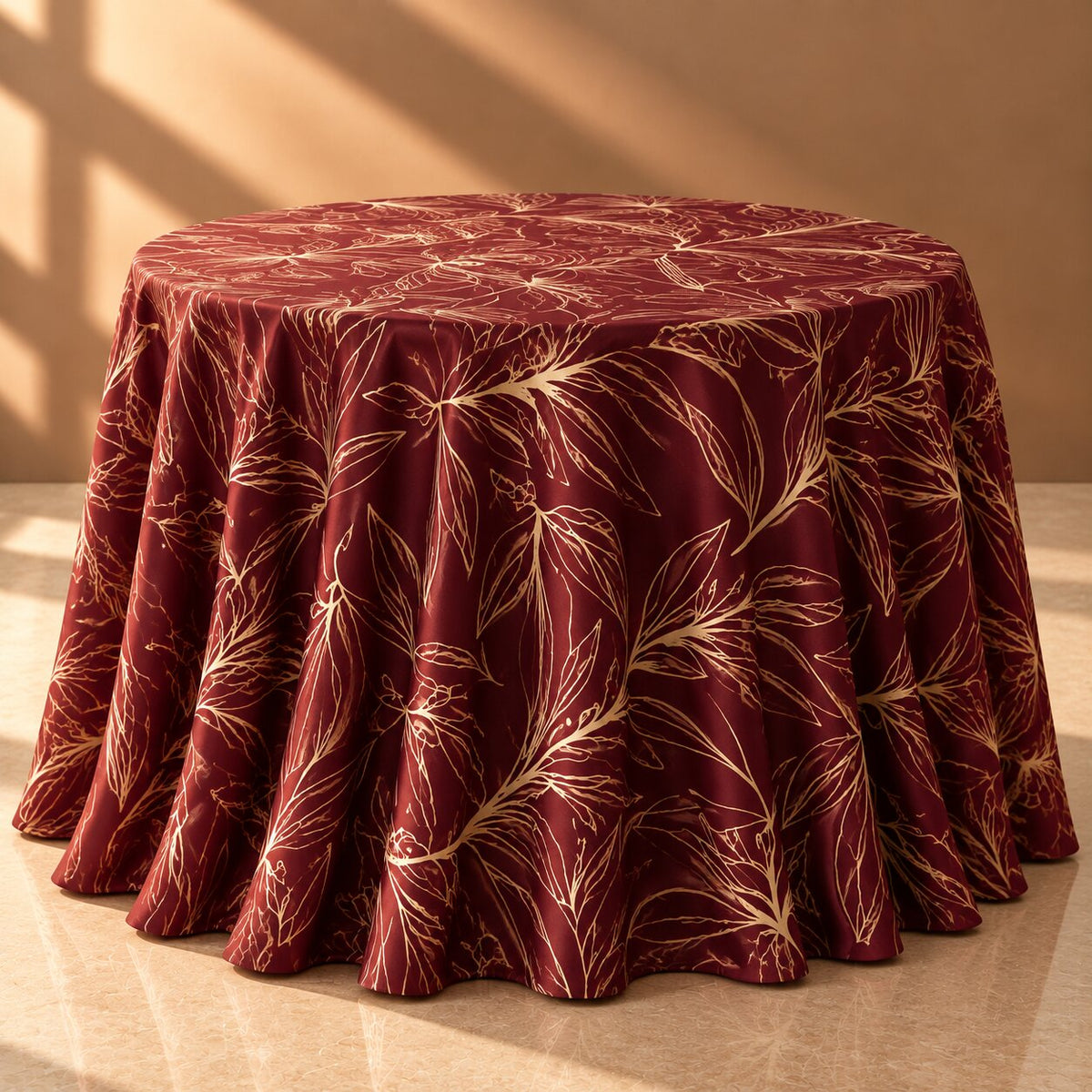 Burgundy Botanical Leaf Print Tablecloth – Luxury Gold Line Pattern Dining Linen L-08