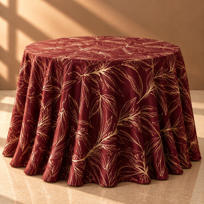 Burgundy Botanical Leaf Print Tablecloth – Luxury Gold Line Pattern Dining Linen L-08
