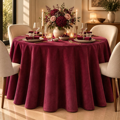 Burgundy Velvet Round Tablecloth – Luxury Plain Dining Linen - L16