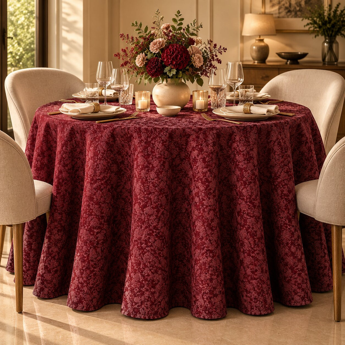 Burgundy Floral Pattern Printed Tablecloth – Luxury Draped Dining Linen - L11