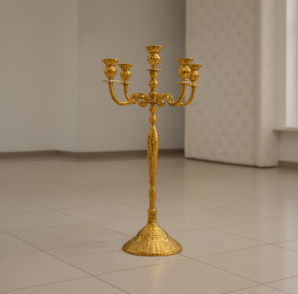 Gold Mosaic Candelabra – 5-Light Glamorous Glass Mirror Inlay Centerpiece - CT02
