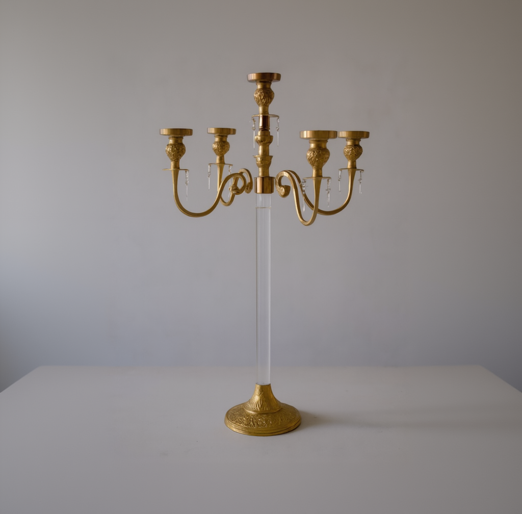 Crystal & Gold Candelabra - 5-Light Ornate Centerpiece with Hanging Droplets - CT04