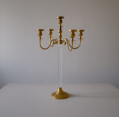 Crystal & Gold Candelabra - 5-Light Ornate Centerpiece with Hanging Droplets - CT04