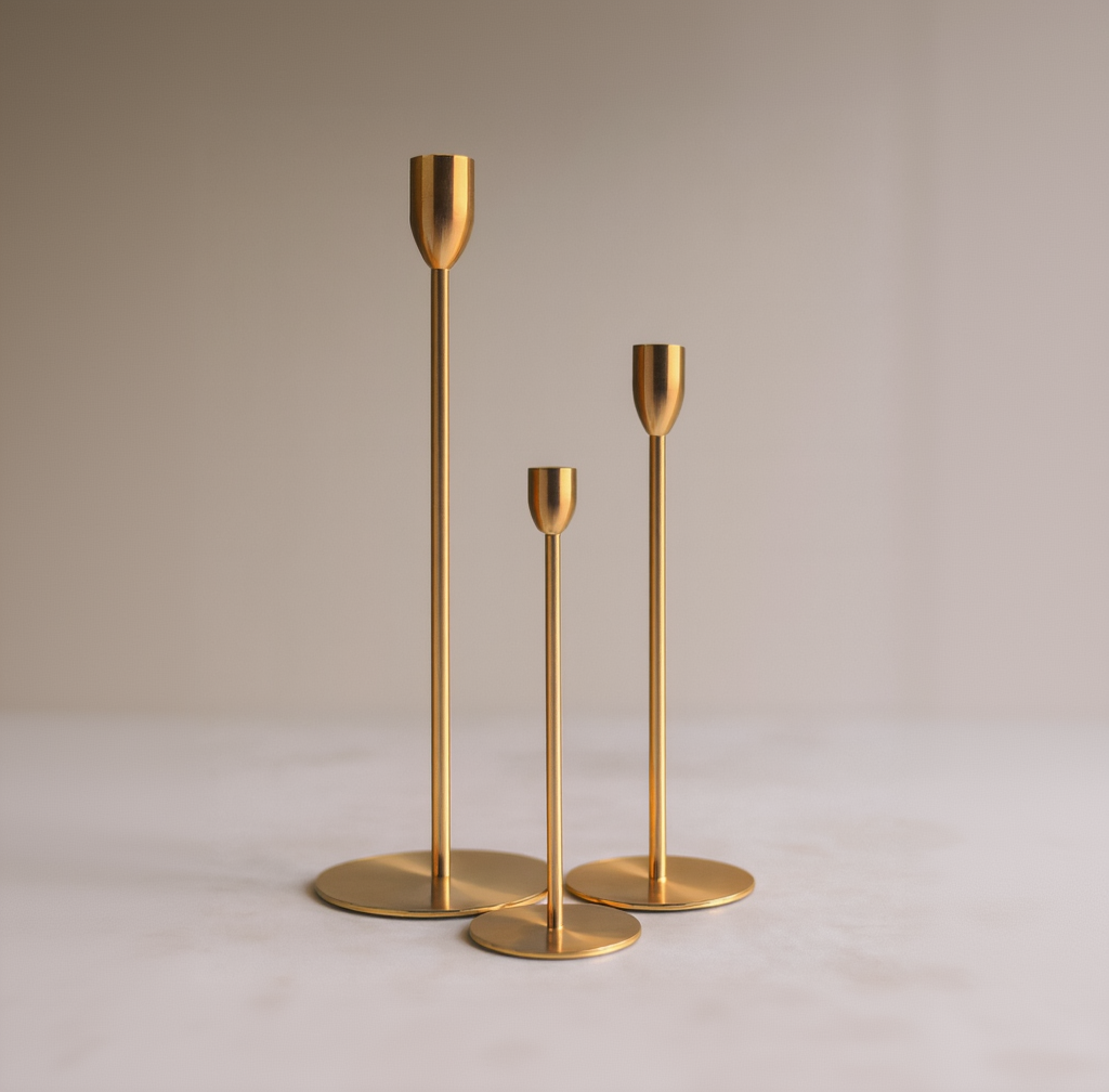 Nordic Gold Taper Candle Holder Set – 3-Piece Minimalist Slim Candlestick Stands - CT08
