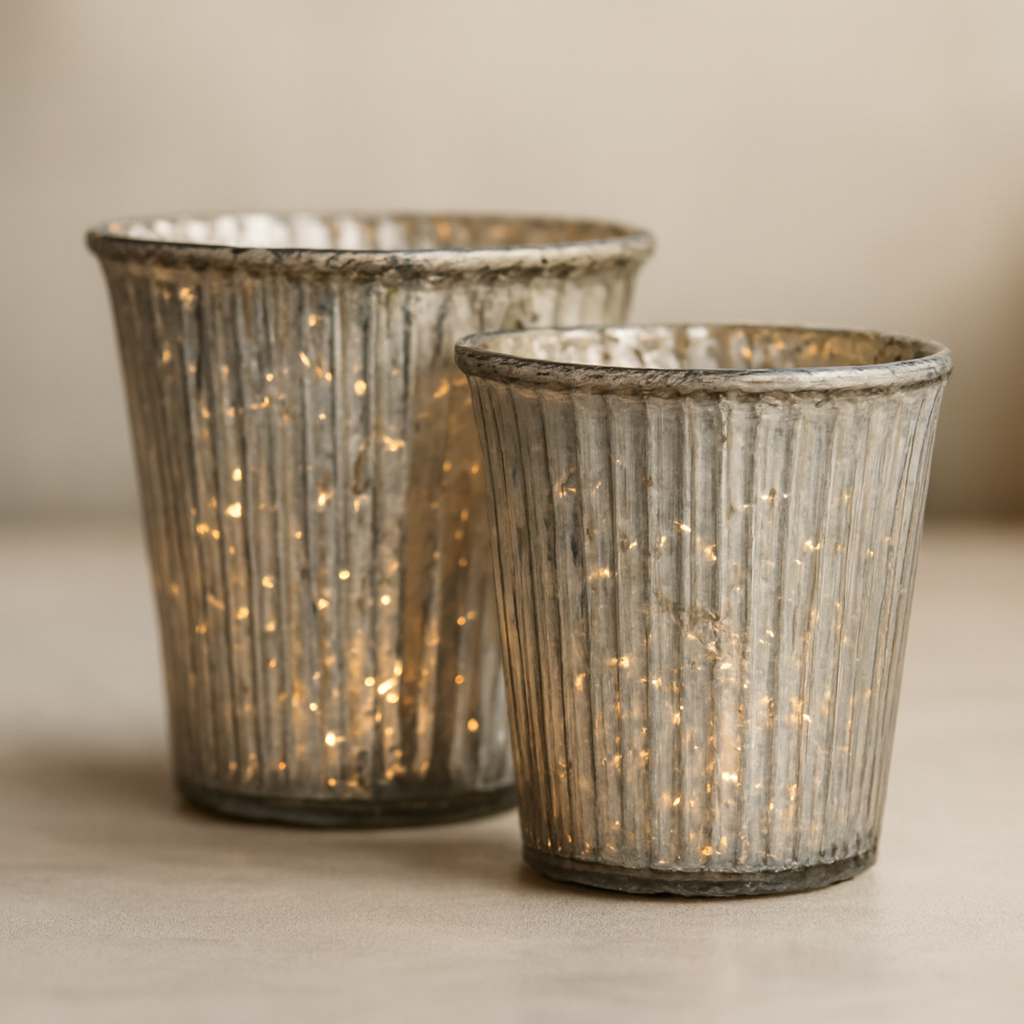Ribbed Mercury Glass Tealight Holders – Set of 2 Silver Vintage Votive Cups - CT10