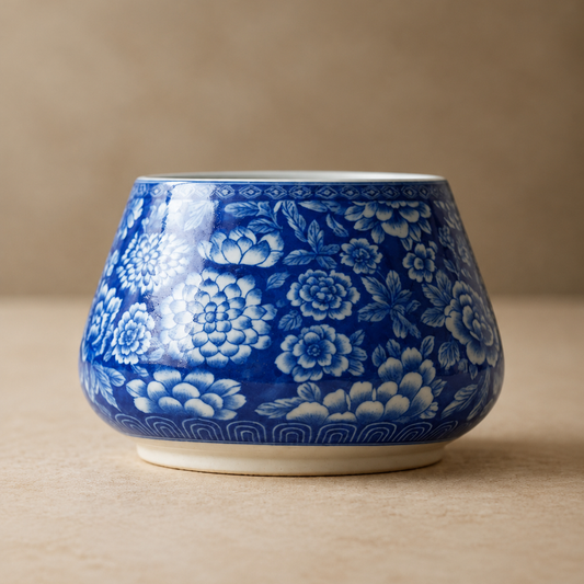 Blue Floral Planter Bowl – Tapered Porcelain Decorative Basin with Dense Cobalt Peony Print - U40