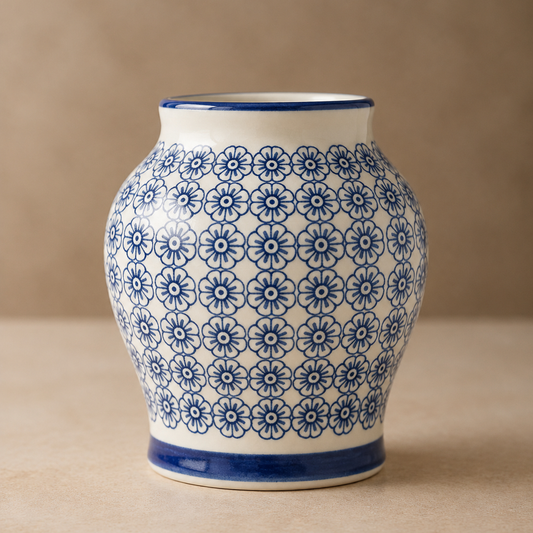 Small Floral Ginger Jar – Compact Porcelain Urn with Geometric Blue Daisy Print and Cobalt Trim - U38