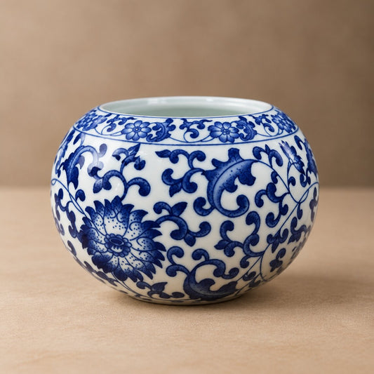 Blue and White Ginger Jar – Globose Porcelain Vase with Hand-Painted Cobalt Floral Vines - U34
