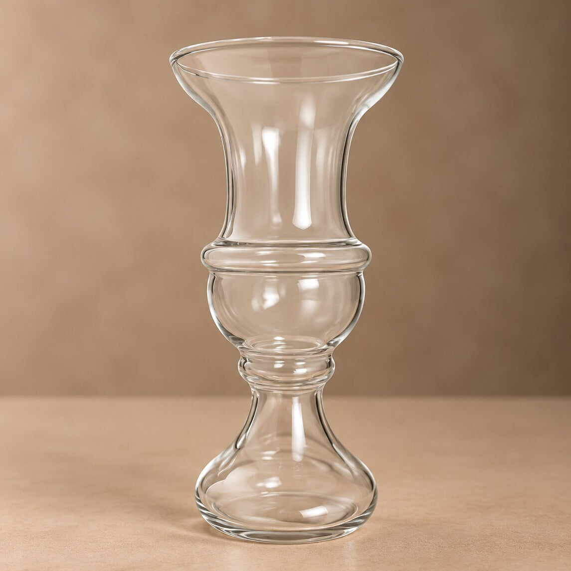 Glass Hourglass Vase – Elegant Clear Glass Urn with Fluted Rim and Sculptural Taper - U20