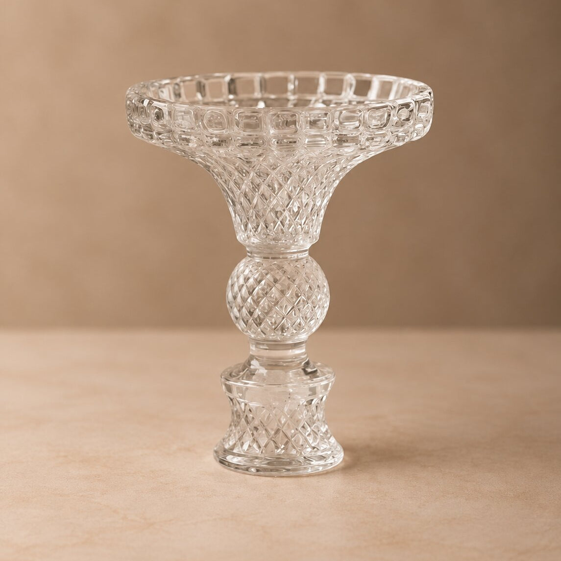Diamond Cut Glass Compote Vase – Intricate Crystal-Style Pedestal Bowl with Baluster Stem - U21