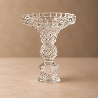 Diamond Cut Glass Compote Vase – Intricate Crystal-Style Pedestal Bowl with Baluster Stem - U21