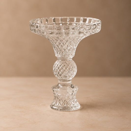 Diamond Cut Glass Compote Vase – Intricate Crystal-Style Pedestal Bowl with Baluster Stem - U21