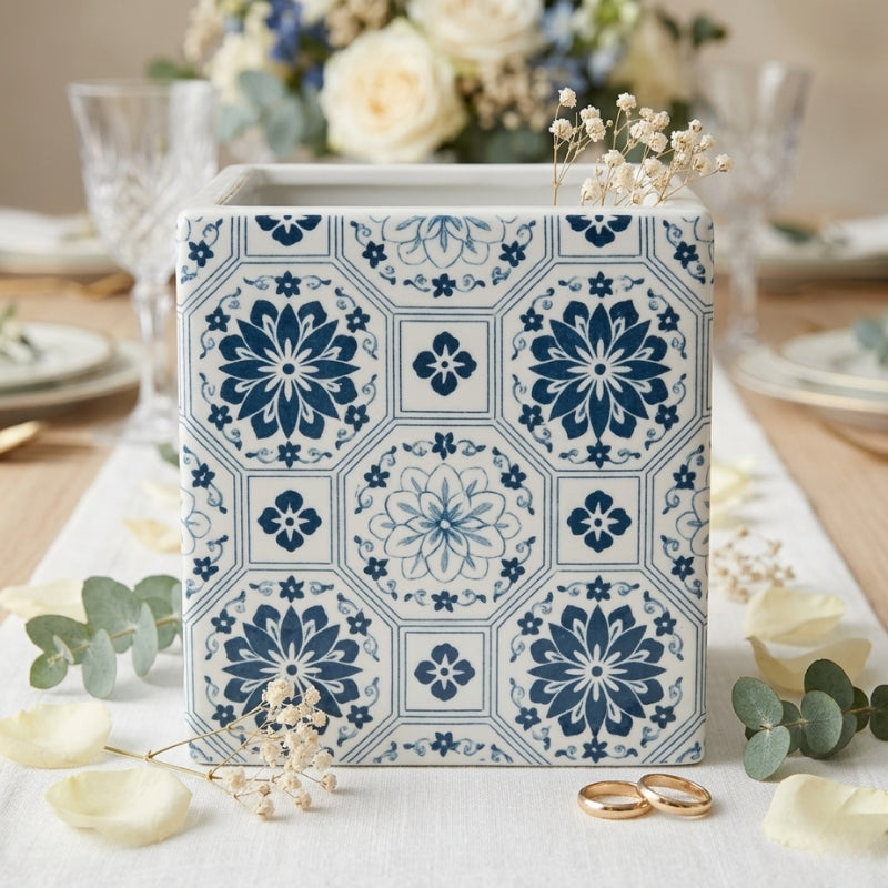 Blue Floral Moroccan Planter – Square Ceramic Talavera Style Pot - CV01