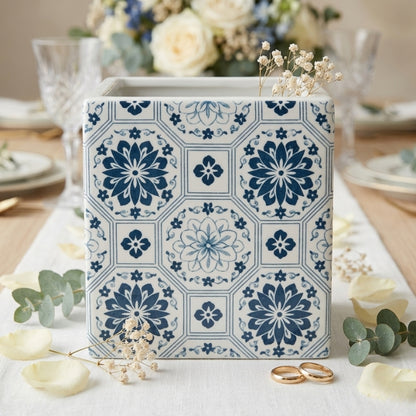 Blue Floral Moroccan Planter – Square Ceramic Talavera Style Pot - CV01