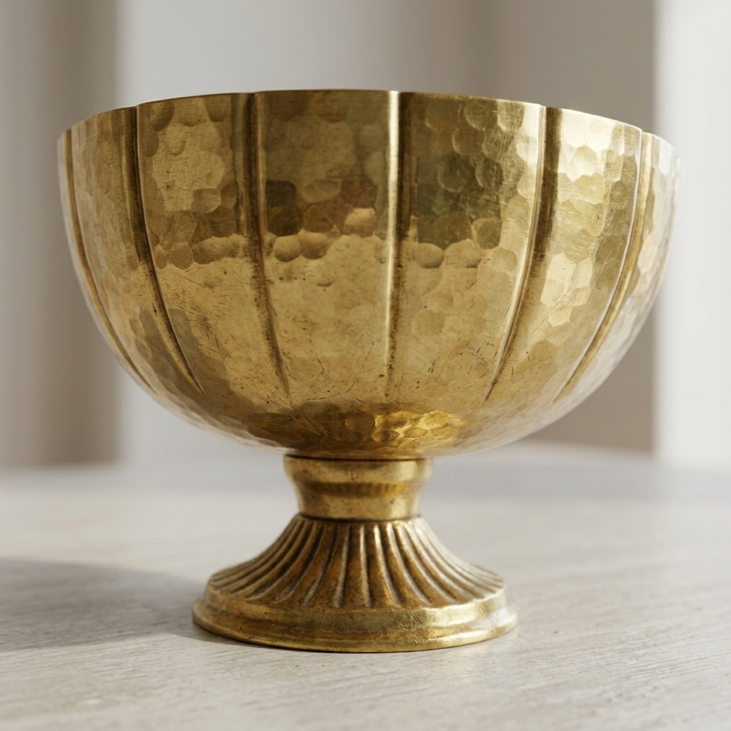 Hammered Brass Bowl – Large Pedestal Centerpiece with Ribbed Detail - U02