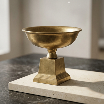 Vintage Brass Compote Bowl – Antique Style Pedestal Vase with Square Plinth Base - U03