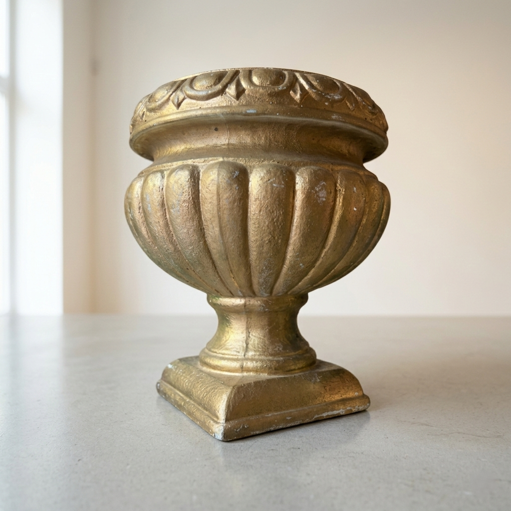 Gold Pedestal Urn – Ornate Fluted Centerpiece Vase with Classical Relief Detail - U04