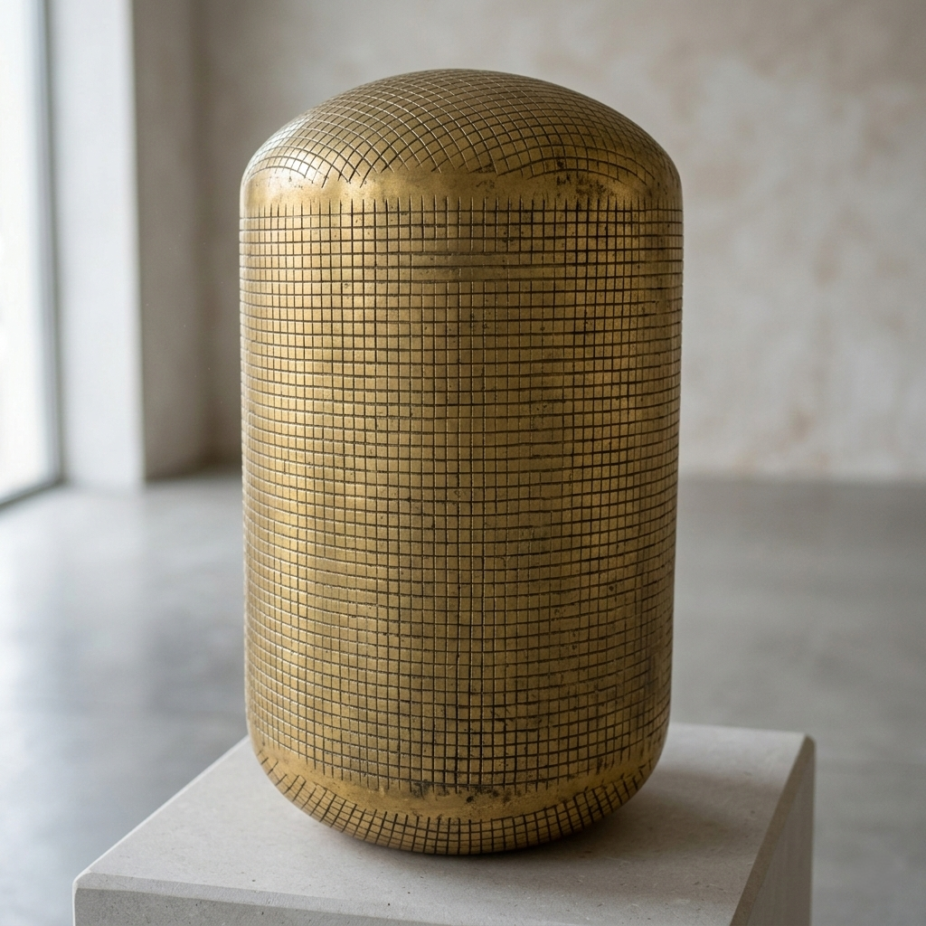 Etched Brass Capsule Vase – Modern Pill-Shaped Vessel with Geometric Cross-Hatch Detail - U05
