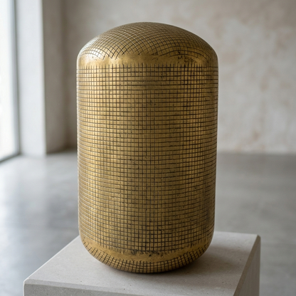 Etched Brass Capsule Vase – Modern Pill-Shaped Vessel with Geometric Cross-Hatch Detail - U05