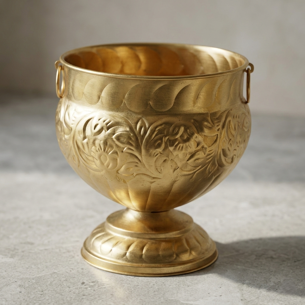 Embossed Brass Planter – Ornate Floral Pedestal Pot with Ring Handles - U06