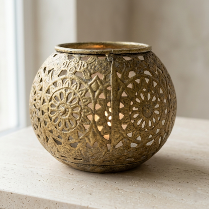 Filigree Brass Lantern – Hand-Carved Lattice Globe Vase with Antique Gold Patina - U08
