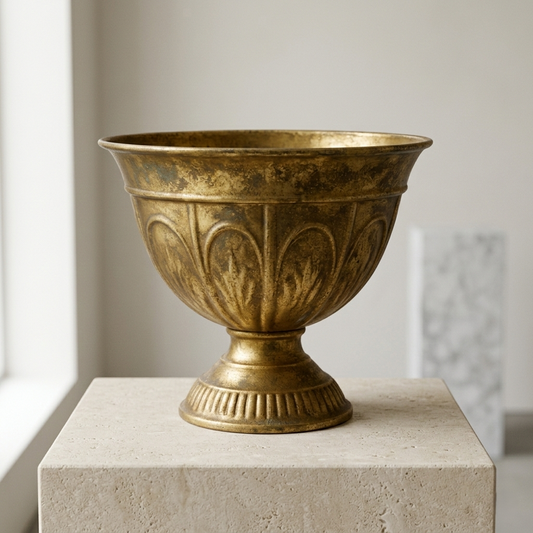Antique Gold Acanthus Leaf Urn – Classical Pedestal Vase with Aged Brass Patina - U09