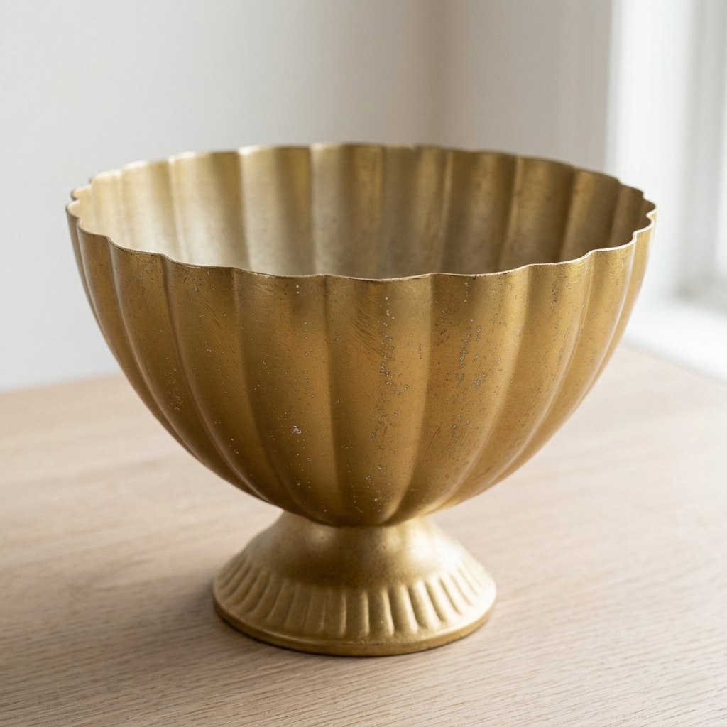 Scalloped Gold Bowl – Matte Brass Pedestal Centerpiece with Fluted Edges - U10