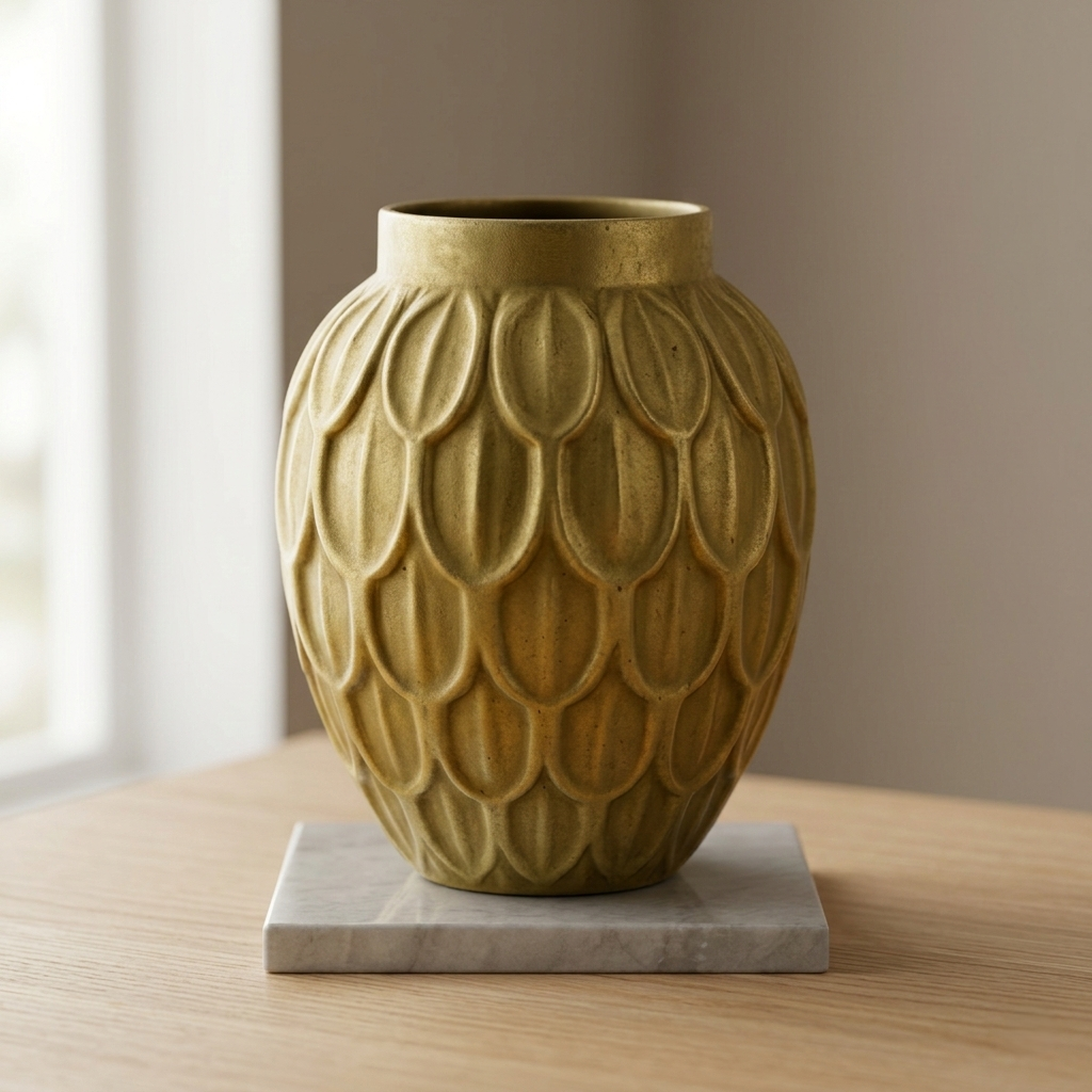 Art Deco Scale Textured Ceramic Vase – Matte Antique Gold -C12