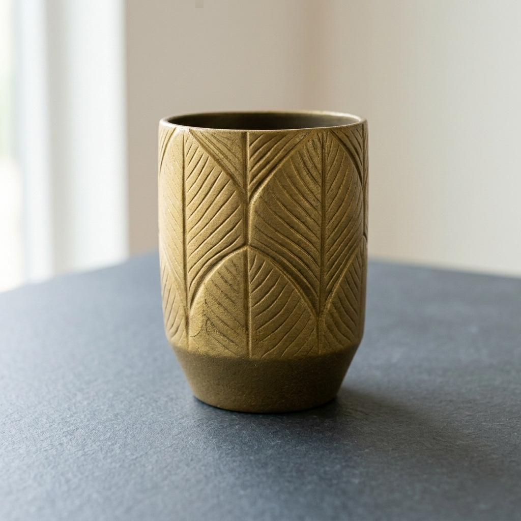 Feather Embossed Gold Vase – Modern Cylindrical Vessel with Botanical Relief Texture - U13