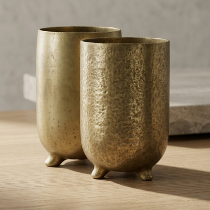 Hammered Footed Vase Set – Modern Gold Cylinder Vases with Tripod Base - U15