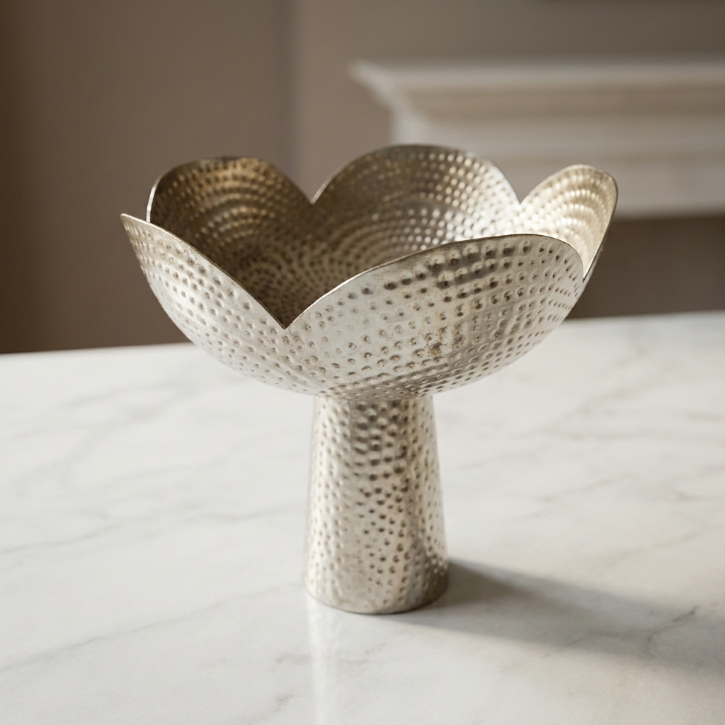 Hammered Lotus Bowl – Scalloped Petal Centerpiece with Tapered Pedestal Base - U16