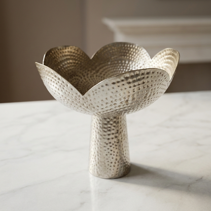 Hammered Lotus Bowl – Scalloped Petal Centerpiece with Tapered Pedestal Base - U16