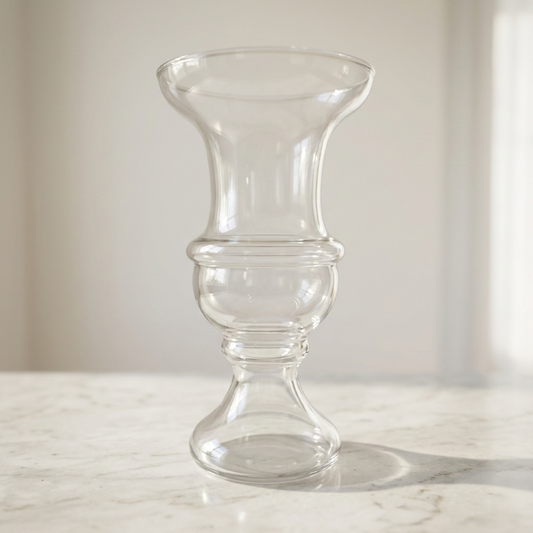 Glass Hourglass Vase – Elegant Clear Glass Urn with Fluted Rim and Sculptural Taper - U20