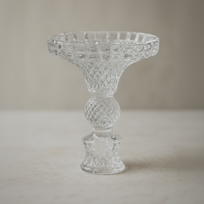 Diamond Cut Glass Compote Vase – Intricate Crystal-Style Pedestal Bowl with Baluster Stem - U21