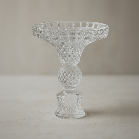 Diamond Cut Glass Compote Vase – Intricate Crystal-Style Pedestal Bowl with Baluster Stem - U21