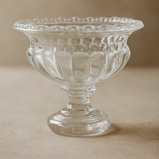 Glass Scalloped Urn – Clear Pedestal Compote Vase with Fluted Rim and Ribbed Body - U25