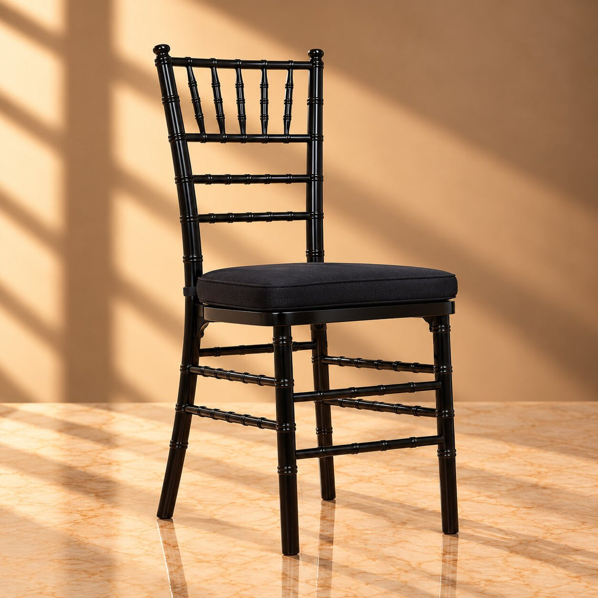 Black Chiavari Chair – Elegant Beechwood Event Chair with Black Padded Seat - C08
