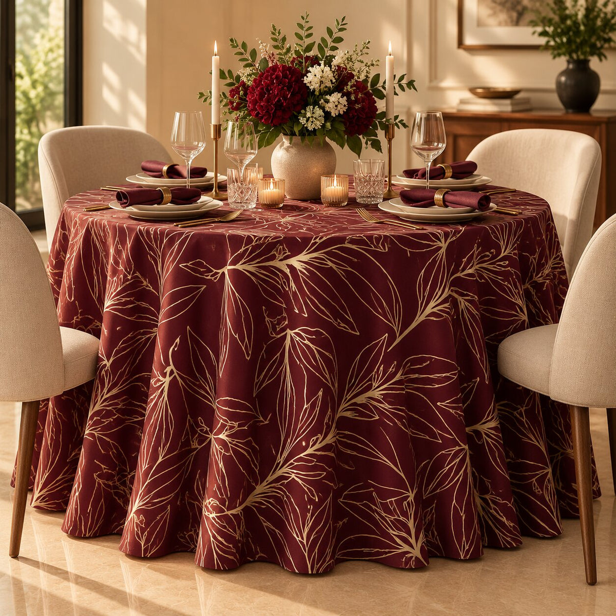 Burgundy Botanical Leaf Print Tablecloth – Luxury Gold Line Pattern Dining Linen L-08