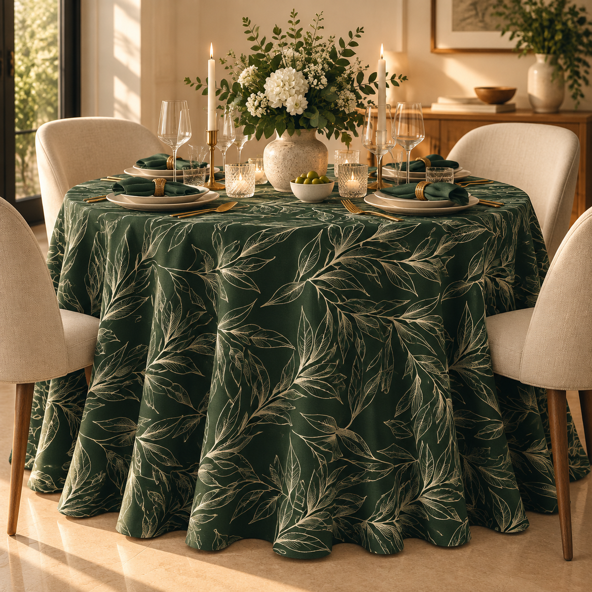 Emerald Green Botanical Leaf Round Tablecloth – Luxury Printed Dining Linen - L09