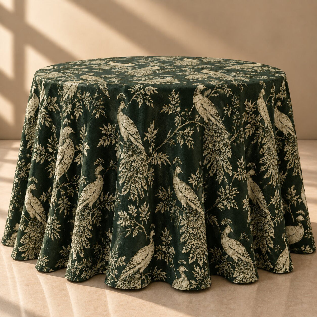 Emerald Green Peacock Toile Round Tablecloth – Luxury Printed Dining Linen - L15